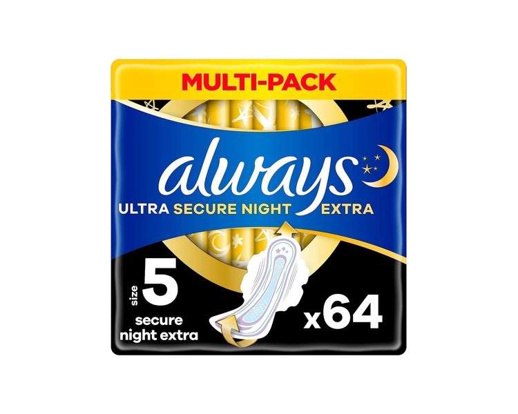 Always Ultra Secure Night Extra with Wings Size 5 Odor Neutralizing and Leak Protection 64 Pads