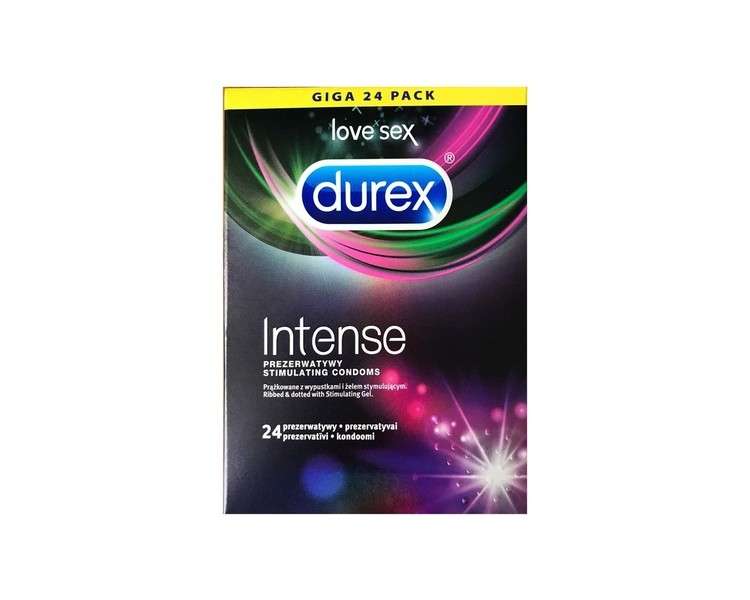 Durex Intense Condoms Ribbed and Dotted with Stimulating Gel for Intense Female Satisfaction 24 Pack