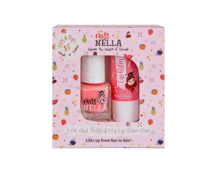 Miss Nella Peach Slushie Glitter Nail Polish and Butter Cheeks Pink Hypoallergenic Lip Balm Set for Kids