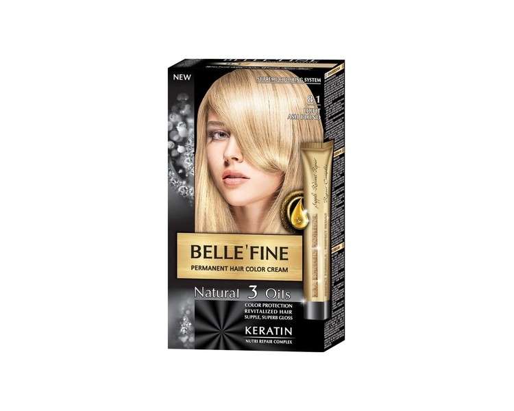 Belle'Fine No.8.1 Light Ash Blonde Hair Color Cream with Keratin, Argan, Almond and Olive Oil