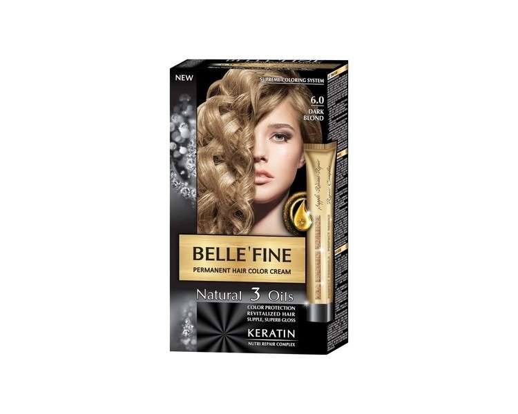Belle'Fine No.6.0 Dark Blonde Hair Color Cream with Keratin, Argan, Almond and Olive Oil