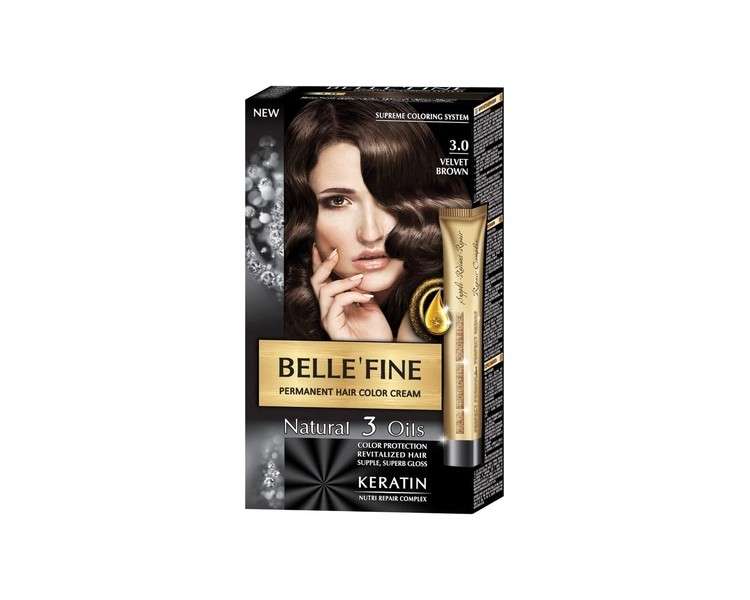 Belle'Fine Velvet Brown Hair Color Cream with Keratin, Argan, Almond and Olive Oil