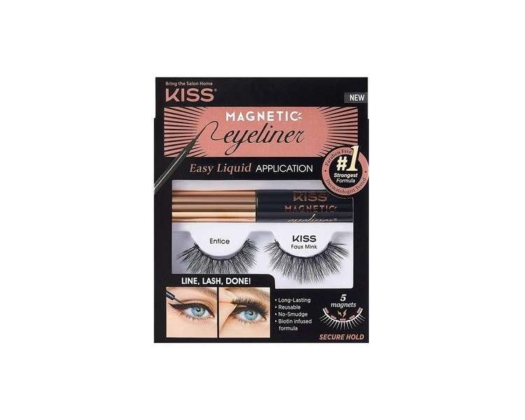 KISS Magnetic Eyeliner & Lash Kit Entice Biotin Infused Black Magnetic Eyeliner with Precision Tip Brush - 1 Pair of Synthetic False Eyelashes with 5 Double Strength Magnets - Smudge Proof