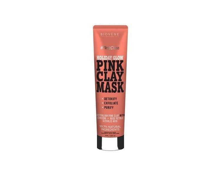 Biovène Holiday Glow Pink Clay Mask Australian Face Mask with Ginseng Rose Petals and Glycolic Acid 75ml