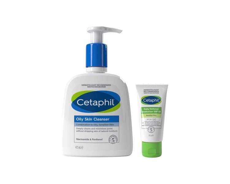Cetaphil Oily Skin Cleanser Face Wash and Daily Defense Face Moisturizer SPF50+ Set