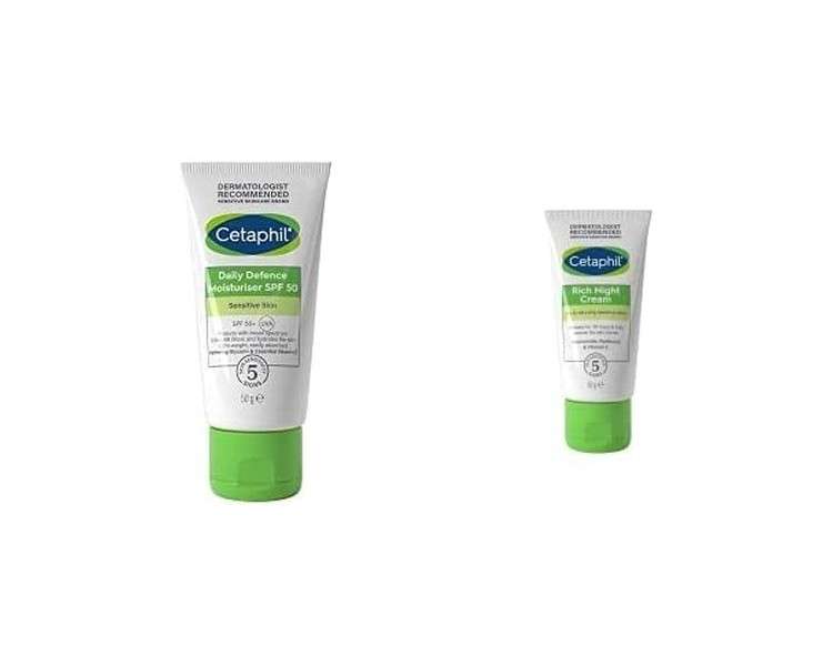 Cetaphil Skin Care Bundle with Daily Defence Face Moisturizer SPF50 and Rich Night Cream 50g - All Skin Types