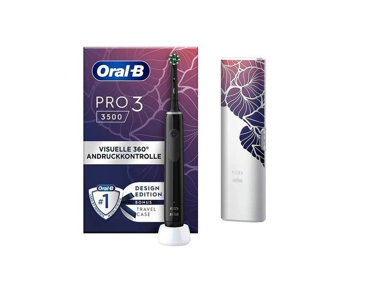 Oral-B PRO 3 3500 Electric Toothbrush with 3 Cleaning Modes and Visual 360° Pressure Control for Dental Care - Black with Floral Travel Case