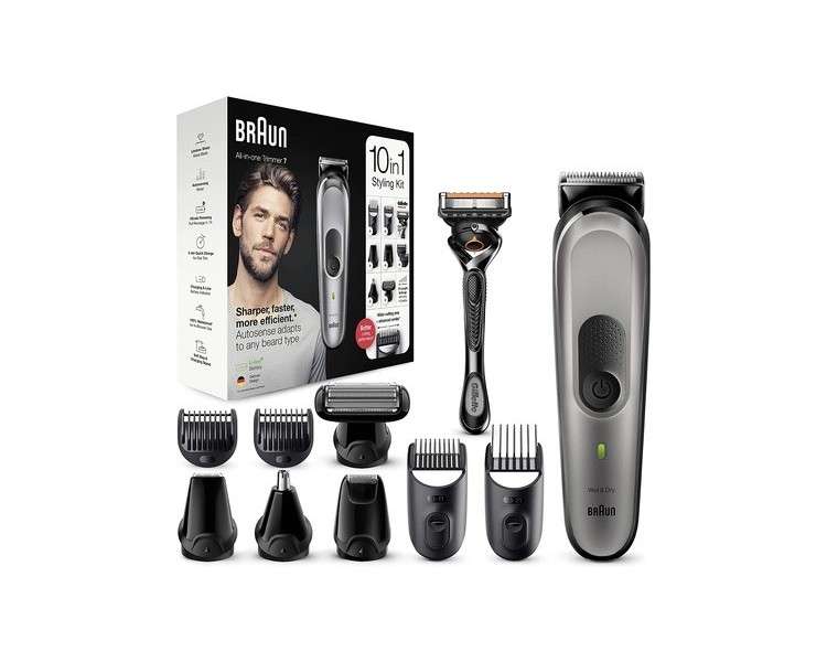 Braun Multi-Grooming-Kit 7 10-in-1 Beard Trimmer and Hair Clipper for Men - 8 Attachments - Black/Silver