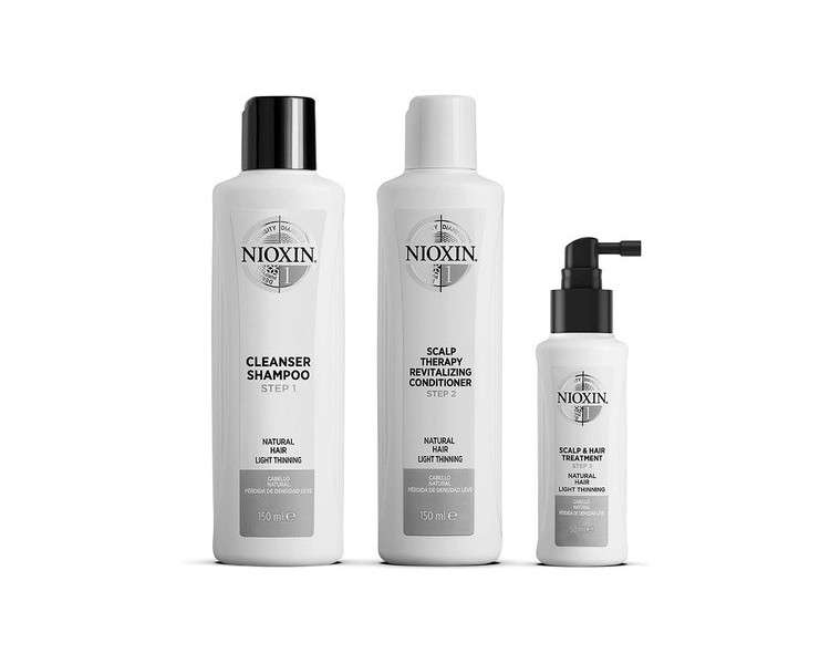 Nioxin 3-Part System 1 Natural Hair with Light Thinning Hair Treatment Scalp Therapy Hair Thickening Treatment Trial Kit 3 Piece Set