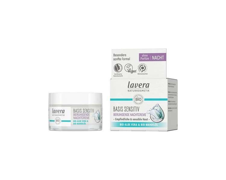 Lavera Basis Sensitive Soothing Night Cream 50ml - Moisturizing Vegan Natural Cosmetics with Organic Aloe Vera and Organic Almond Oil - Fragrance Free - 1 Pack