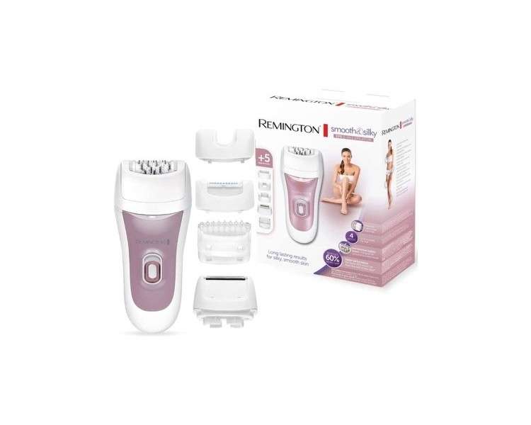 Remington Smooth & Silk EP5 5-in-1 Epilator with 40 Titanium Coated Tweezers and 5 Attachments Including Bikini Comb - White/Rose