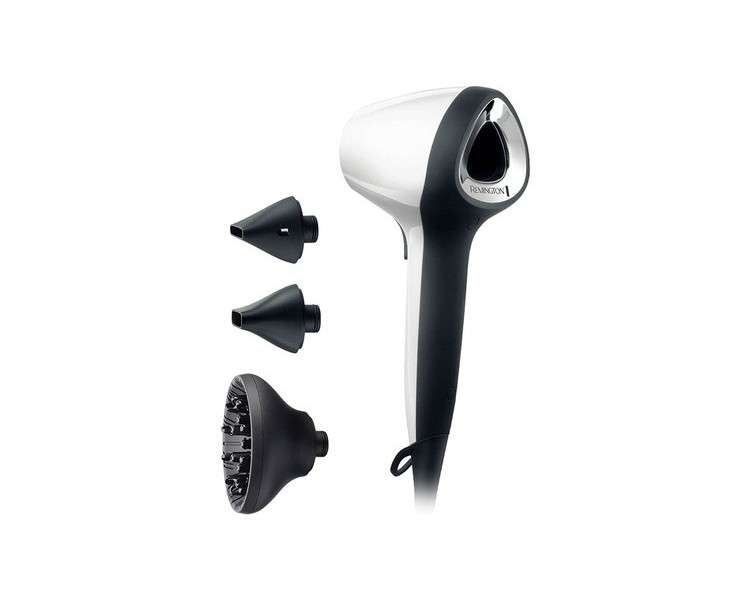 Remington Ionen Air3D Hair Dryer White with Unique and Innovative 3D Airflow 110km/h Airflow 3 Heat & 2 Speed Settings 2 Styling Nozzles + Diffuser - D7779 White with Storage Case