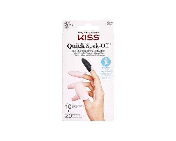 KISS Quick Soak-Off Removal System for Fake Nails and Nail Polish with 10 Reusable Caps and 20 Disposable Foam Pads and Manicure Stick