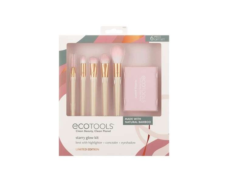 EcoTools Limited Edition Starry Glow Makeup Brush Kit for Eyes and Highlighting with Blotting Papers - 6 Piece Gift Set Cream