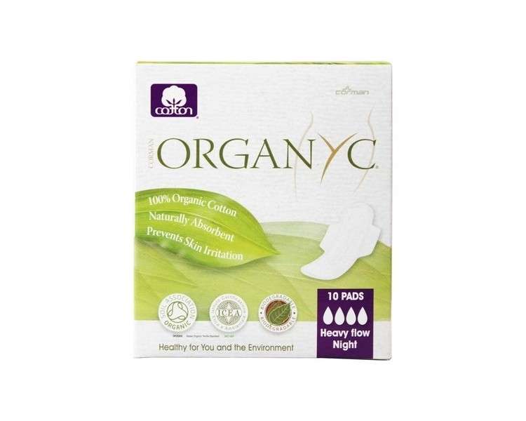 Organyc Organic Cotton Sanitary Pads Heavy Flow Night 10 Count