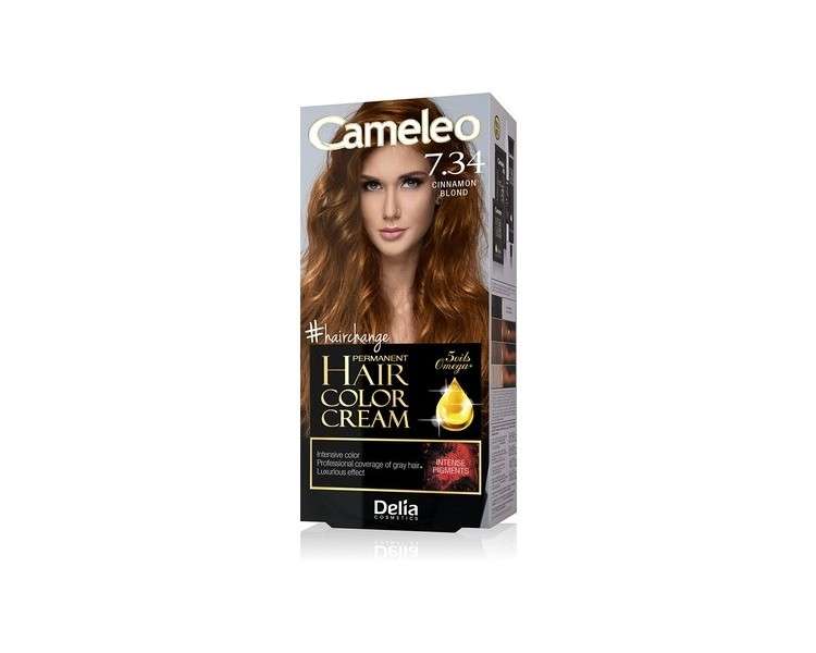 Cameleo Permanent Hair Colour Cream Cinnamon Blonde Intensive Color & Protection 5 Oils + Omega Plus Acids Professional Hair Dye Full Kit - Shade 7.34