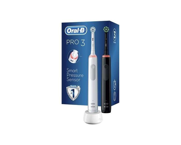 Oral-B PRO 3 3900 Electric Toothbrush with 3 Cleaning Modes and Visual 360° Pressure Control - Twin Pack White/Black