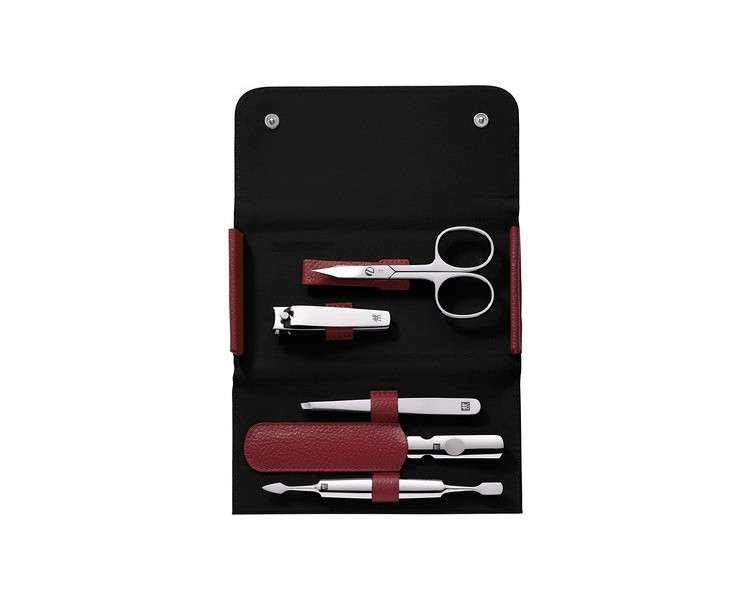 ZWILLING Manicure Set Travel Size 5 Pieces with Nail Clippers in 100% Leather Case Red