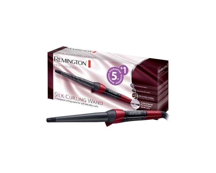 Remington Silk Digital Tapered Curling Wand 13-25mm with High-Quality Ceramic Coating and Silk Proteins - LCD Display 120-220°C for Natural Curls, Spiral Curls, and Beach Waves - Single