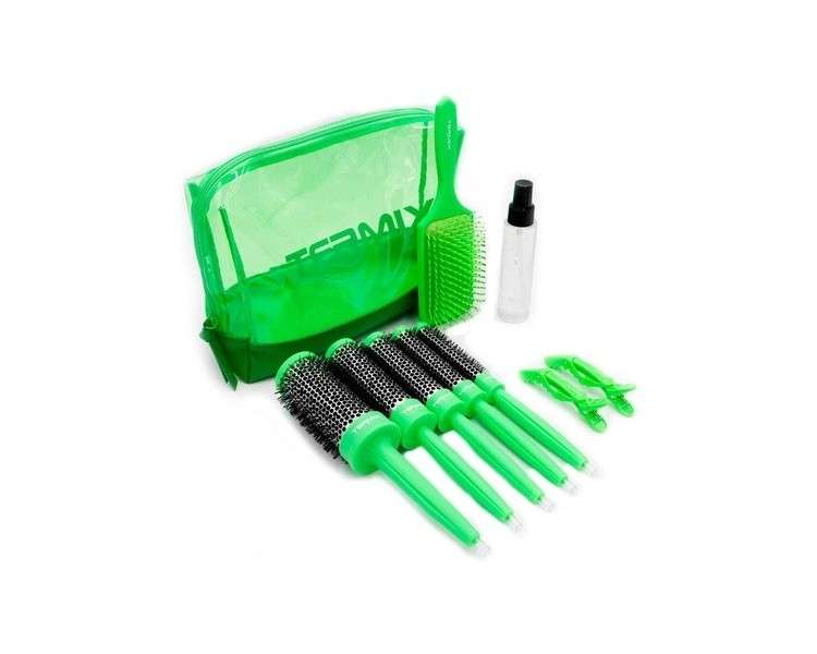 Termix Brushing Pack in 3 Steps Includes 5 Termix Hairbrushes, Split Ends Serum, Detangling Paddle Brush and 2 Hair Clips - Green Color