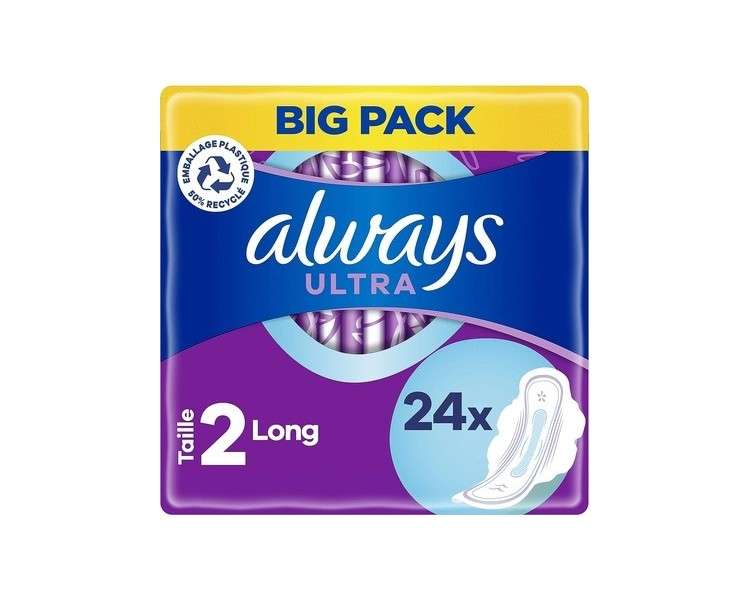 Always Ultra Sanitary Pads Long Size 2 With Wings 24 Count - Pack of 24