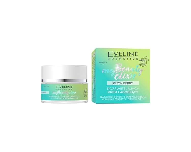 Eveline Cosmetics My Beauty Elixir Glow Berry Brightening Soothing Cream Anti Wrinkle Hydrates Nourishes Blueberry Organic Vegan Formula 98% Natural Under Makeup 50ml