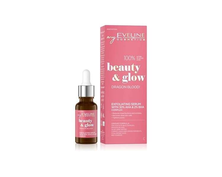 EVELINE Beauty & Glow Dragon Blood! Peeling Serum Soothes Inflammation Moisturizes Reduces Discoloration Complex 100% Natural Ingredients with 30% AHA and 2% BHA 18ml