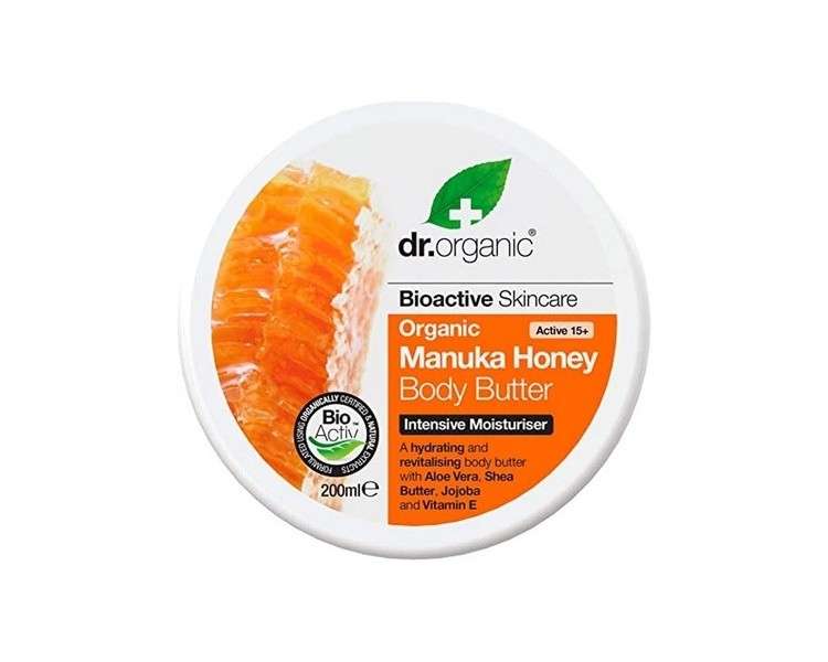 Dr Organic Manuka Honey Body Butter Moisturising for Dry Skin Men Women Natural Vegetarian Cruelty-Free Paraben & SLS-Free Organic 200ml