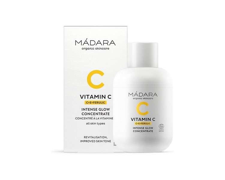 MÁDARA Vitamin C Intense Glow Concentrate Organic Skincare Brightens and Moisturizes Skin with Ferulic Acid and Vitamins C+E 30ml