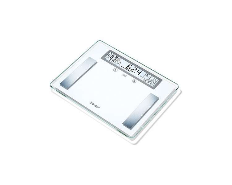 Beurer BG 51 Diagnostic Scale XXL Glass Scale up to 200kg Capacity 100g Graduation - Measures Body Weight, Fat, Water, Muscle Mass, Bone Mass, BMI, Calorie Needs