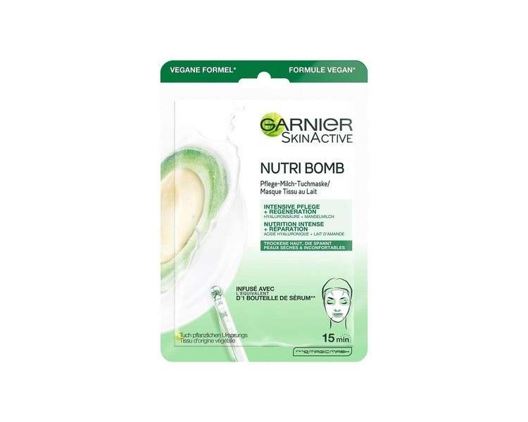 Garnier Cloth Mask for Dry and Exciting Skin Intensive Care and Regeneration Vegan Formula with Almond Milk and Hyaluronic Acid Nutri Bomb 28g