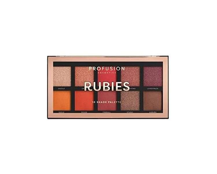 Profusion Cosmetics Rubies Eyeshadow Palette with 10 Shades - Coral, Red, and Crimson Colors