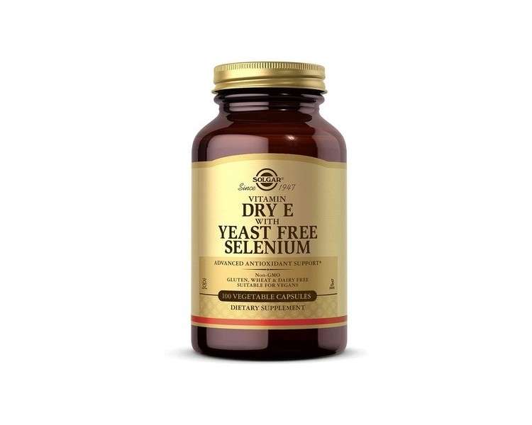 Solgar Vitamin E with Yeast Free Selenium Vegetable Capsules 100 Capsules - Hair and Nails - Vegan
