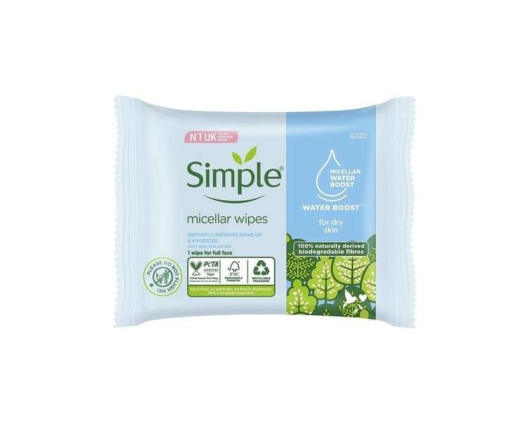 Simple Kind to Skin Hypoallergenic Micellar Biodegradable Cleansing Wipes for Sensitive Skin 20 Wipes