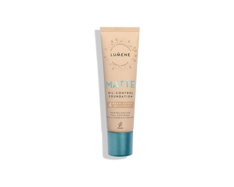 Lumene Matt Control Oil Free Foundation for Oily and Combination Skin Full Coverage with Arctic Cloudberry 30ml 4 Warm Honey