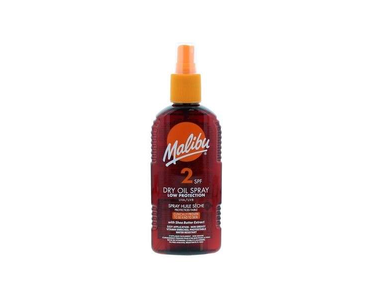 Malibu Sun SPF 2 Non-Greasy Dry Oil Spray for Tanning with Shea Butter Extract 200ml