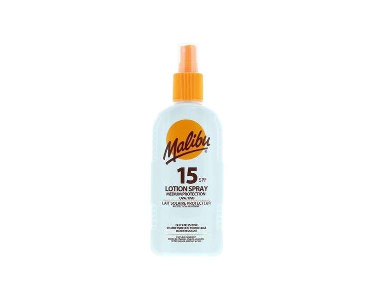 Malibu Medium Protection Sun Lotion Spray SPF15 with Vitamin E and Pro Vitamin B5 200ml