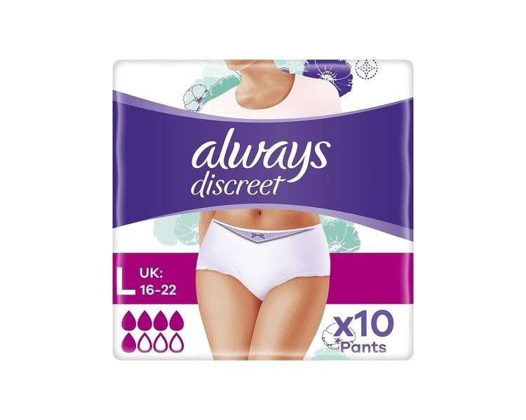 Always Discreet Incontinence Pants Women Large 10 Normal Absorbency Pants Odor Neutralizer Dress Size 16-22 For Sensitive Bladder