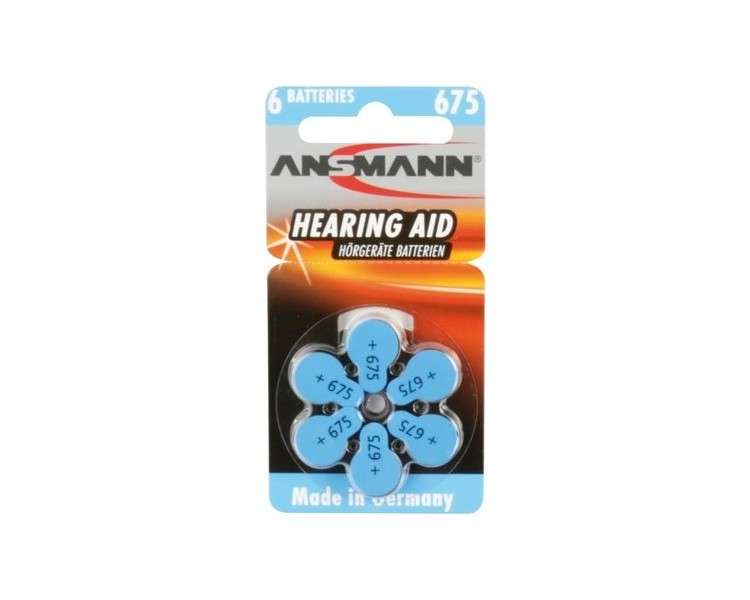 ANSMANN Hearing Aid Batteries 675 Blue 6 Pack - Zinc Air Hearing Aid Batteries Type 675 P675 ZL1 PR44 with 1.4V - Button Cell with Particularly Long Life for Hearing Aid Hearing Amplifier & Hearing Aid Size 675