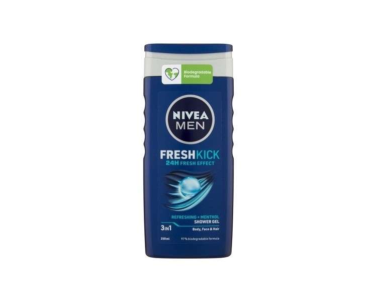 Nivea Men FreshKick Refreshing + Menthol Shower Gel 3-in-1 For Body, Face & Hair 250ml