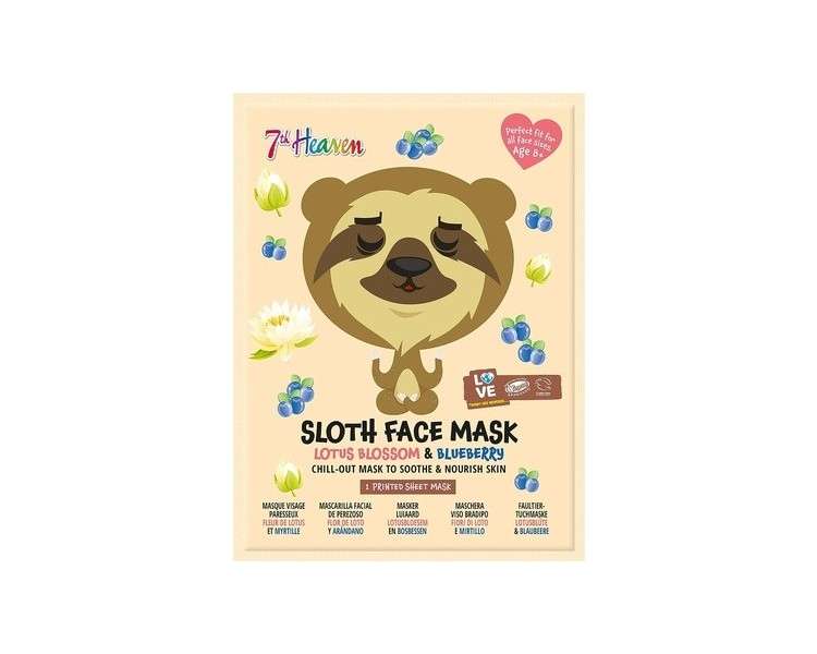 7th Heaven Sloth Face Sheet Mask with Lotus Blossom and Blueberry to Soothe and Nourish Skin