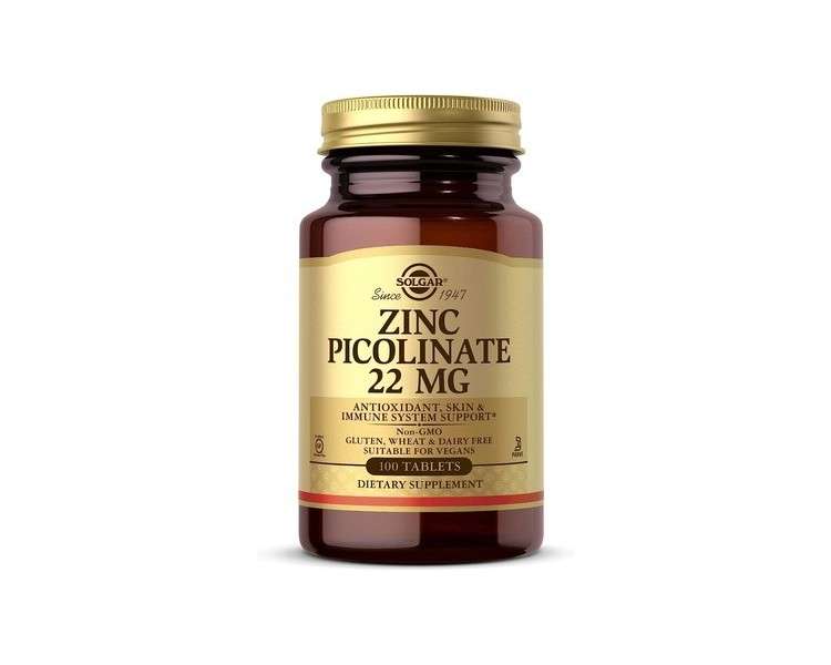 Solgar Zinc Picolinate 22mg Tablets - Healthy Skin, Hair and Nails - Highly Absorbable Premium Form, Easy to Swallow - Vegan