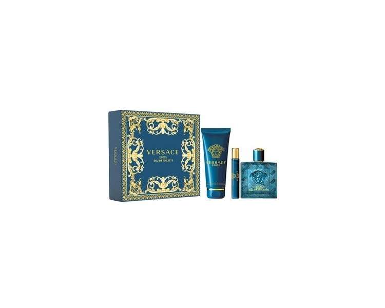 Versace Eros Men's 3 Piece Gift Set: 3.4 Ounce EDT + 5 Ounce Versace Shower Gel + Mini Eros 0.33 Ounce - Hard Box