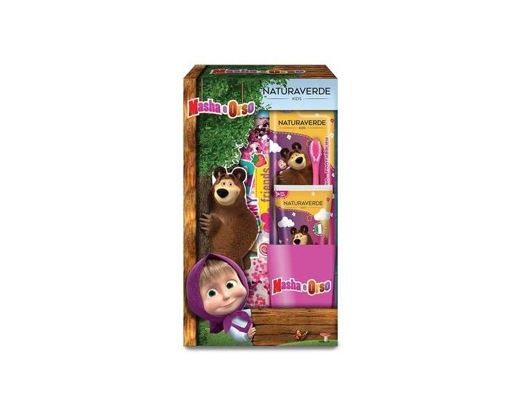 Naturaverde Kids Masha & Bear Oral Care Set with Soft Bristle Manual Toothbrush and 75ml Strawberry Toothpaste - Includes Glass and Glitter Clutch