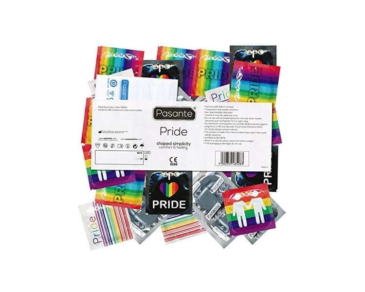 Pasante Pride Condoms Generous Comfort Shape Rainbow and Gay Pride Designs 144 Pieces - Pack of 144