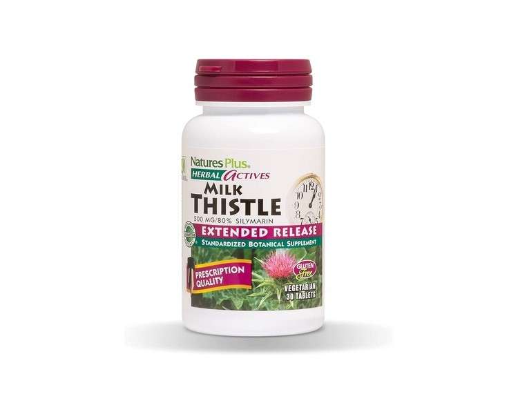 NaturesPlus Herbal Actives Milk Thistle Extended Release 500mg 80% Silymarin 30 Vegetarian Tablets