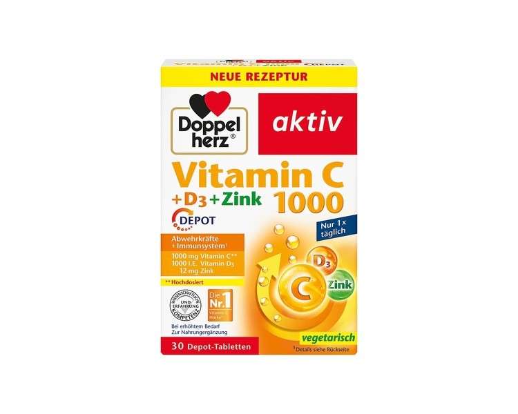 Doppelherz Vitamin C 1000 + D3 + Zinc High Dose Immune Support 30 Depot Tablets