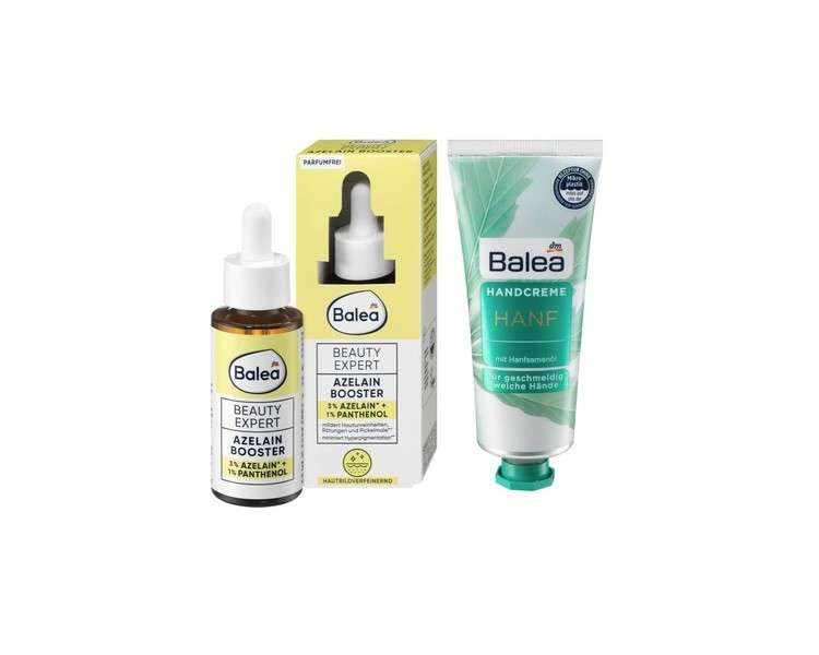 Balea Skin Care Set: Beauty Expert AZELAIN BOOSTER Serum with Panthenol Refining Fragrance-Free (30ml) + Hand Cream HANF with Hemp Seed Oil (75ml)