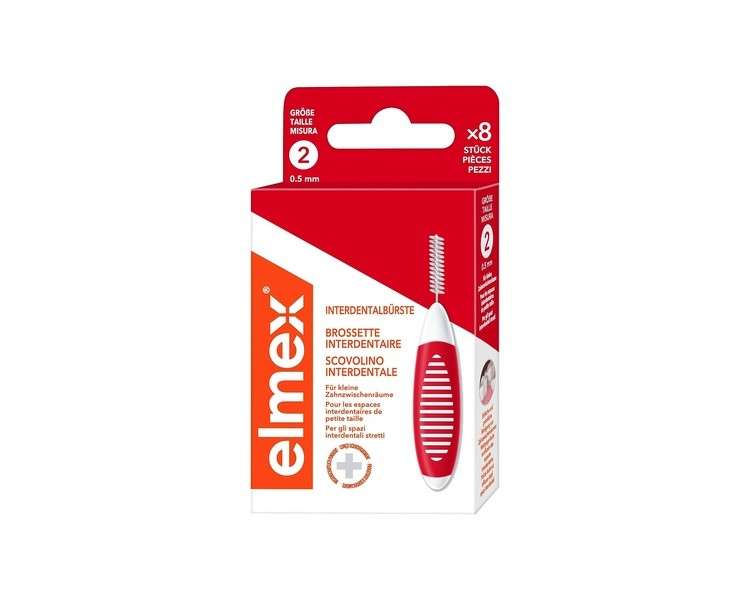 Elmex Interdental Brush Red Size 2 0.50mm Pack of 8 Brushes for Cleaning Small Spaces Red/White 8 count