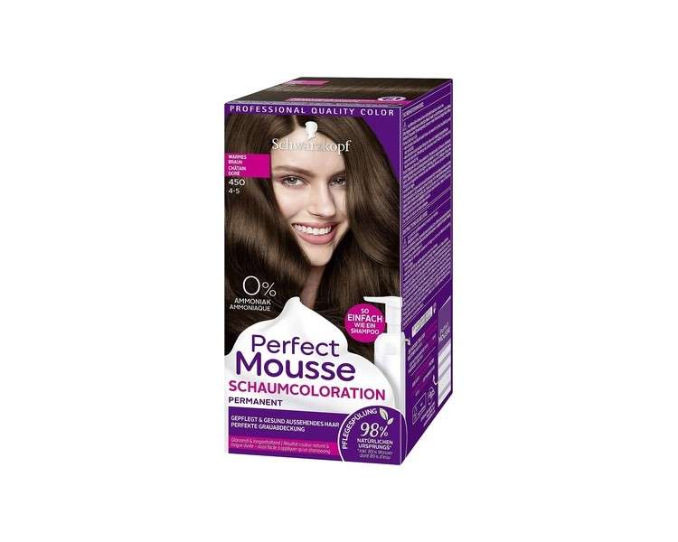 Schwarzkopf Perfect Mousse Permanent Foam Colouration 450 Warm Brown Level 3 92.5ml